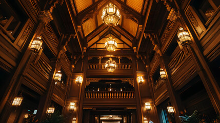 Obraz premium Ornate Wood Interior: A grand architectural shot showcasing the meticulous woodwork and atmospheric lighting of a lavish building interior. Captivating detail and warm tones.