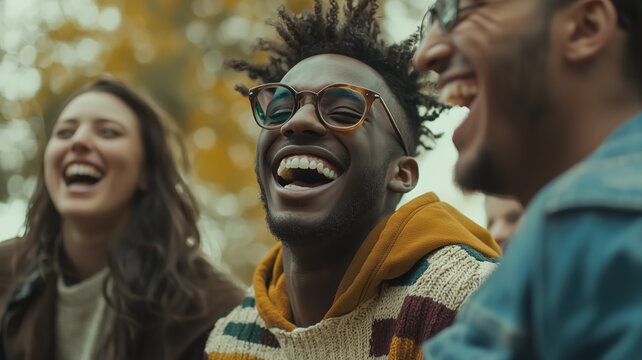 Group of friends sharing a joyous moment, laughing together outdoors, creating a warm and lively atmosphere of friendship.