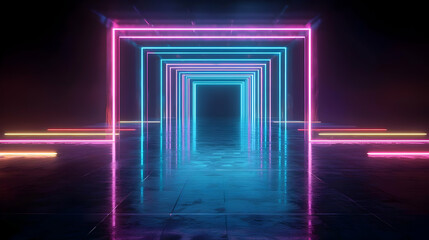 Neon Light Tunnel With Colorful Reflections On Concrete