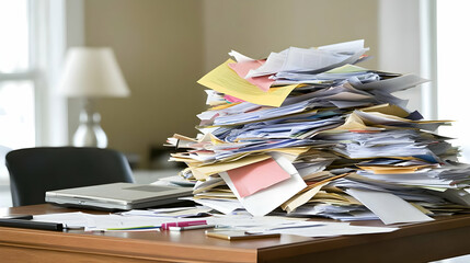 High Stack Of Papers On Wooden Desk In Home Office