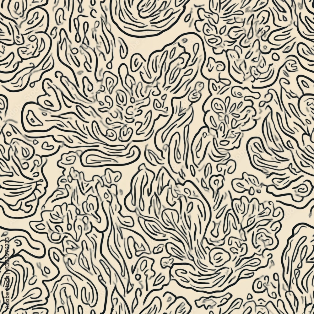 Poster abstract digital seamless pattern. outline brain coral reimagined in organic forms on beige backgrou