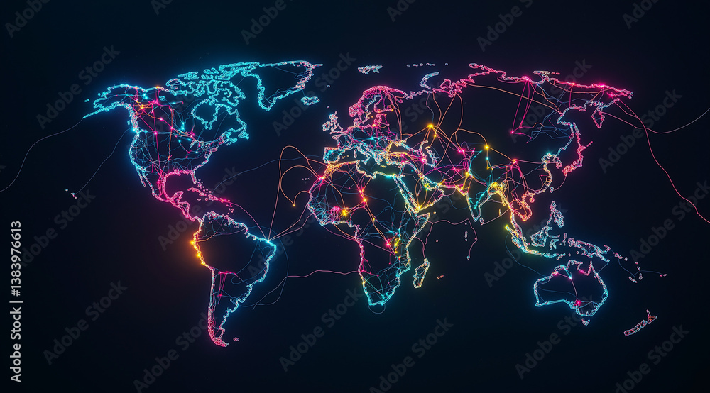 Poster original technological background with a world map and neural networks that depict the flow of data