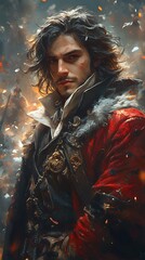 Figure in Dramatic Red Cloak with Fur Trim Against Fiery Backdrop, Exuding Mystery

