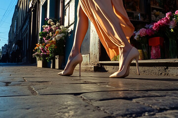Obraz premium cinematic ground level shot of a young elegant woman in flowing dress walking along charming flower-lined street, sunny outdoor lifestyle scene with motion, fashion and vintage ambiance 