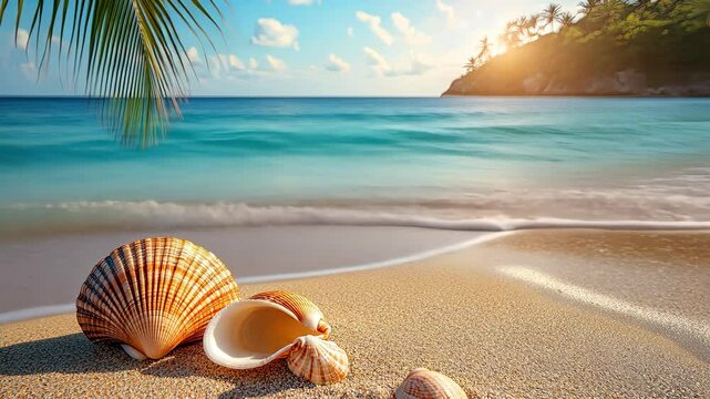 Enjoy the serene beauty of a beach at sunset as colorful shells rest on the sand while waves softly lap at the shore. Palm trees complete this picturesque tropical paradise.