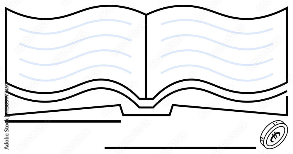 Poster open book with flowing curved lines for text, resting on a holder. coin detail as a bookmark. ideal 