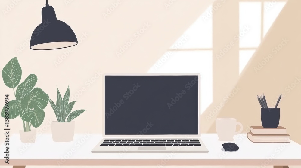 Poster modern workspace with minimalistic decor featuring a sleek laptop on a clean white desk, illuminated
