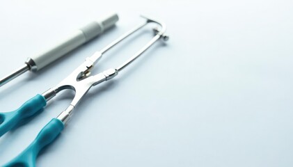 Close-up of veterinary instruments on white backdrop, forceps, instruments, equipment