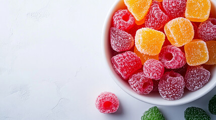 An assortment of colorful gummy candies in vibrant hues, symbolizing joy and variety. The bright, simple background emphasizes the playful nature of candy, with space for text or branding.

