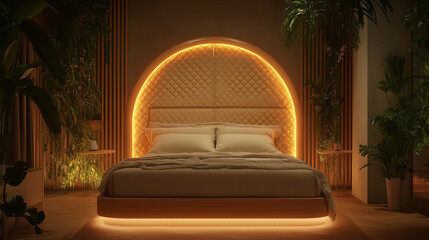 Modern floating bed with quilted headboard and ambient lighting – biophilic interior design