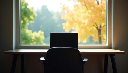 Fototapeta premium Empty chair at desk facing window, laptop closed, sunlight, isolation, clean