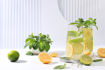 Detox drink with lemon, mint, lime and green apple on a light table, mojito or cocktail improves...