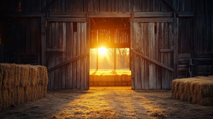 A rustic barn at sunset, with golden light streaming through the doors, illuminating the hay bales inside 