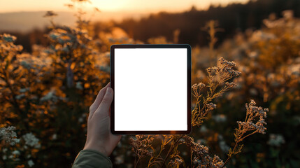 Minimal Tablet Mockup in Hand – Transparent Screen with Breathtaking Landscape Background