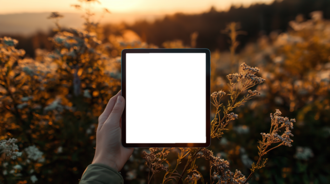 Minimal Tablet Mockup in Hand – Transparent Screen with Breathtaking Landscape Background