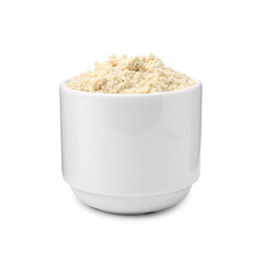Superfood product. Sesame seeds powder in bowl isolated on white