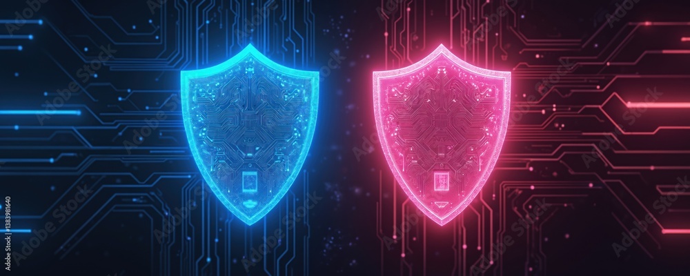 Poster Two glowing shields symbolize cybersecurity data protection networks. Representing digital security, data privacy, data protection. Blue red futuristic neon lights tech on black background.
