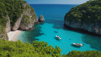 Obraz premium Mediterranean Seascape with Boats and Rocky Shore