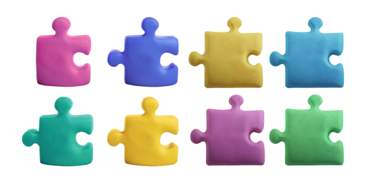 Colorful puzzle pieces arrangement on a white background, isolated on transparent background