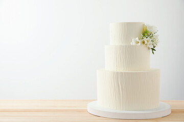 Delicious wedding cake with floral decor on wooden table against white background, space for text