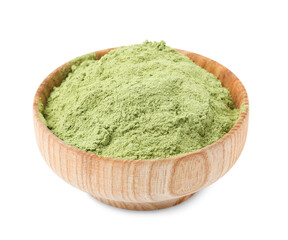 Superfood. Wheat grass powder in bowl isolated on white