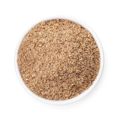 Superfood. Coriander powder in bowl isolated on white, top view