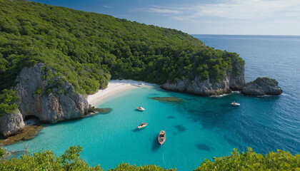 Naklejka premium Mediterranean Seascape with Boats and Rocky Shore