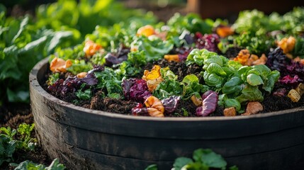 Close-Up of Vibrant Compost Pile with Vegetable Scraps in Lush Garden
