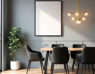 Modern dining room interior with mockup frame. Elegant table chairs, plant, and chandelier. White, gray color scheme. Contemporary interior design, minimalist home style. Empty poster art.