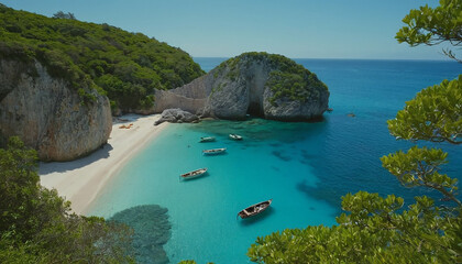 Naklejka premium Mediterranean Seascape with Boats and Rocky Shore