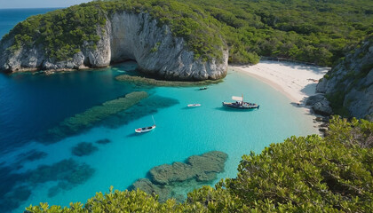 Mediterranean Seascape with Boats and Rocky Shore