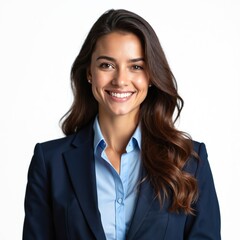 Smiling business woman in suit isolated white background. Brunette lady with long hair, friendly expression. Confident pro, corporate portrait. Perfect for business, career, office tech.
