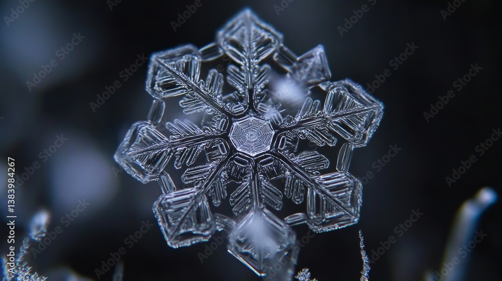 Poster close-up of a complex snowflake with a hazy, indistinct winter setting