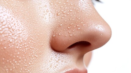 A woman's nose with blackheads is shown in close-up, set against a white background, highlighting acne issues and comedones, along with enlarged facial pores, illustrating a cosmetology and