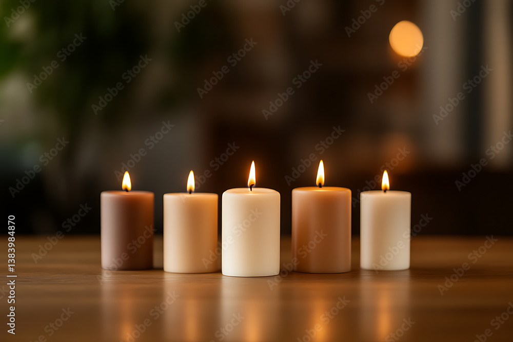 Poster a row of five softly lit candles in varying shades of brown and white create a warm and inviting atm