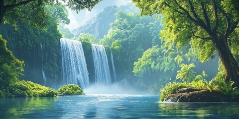 Serene Waterfall in Lush Green Forest with Reflection on Water