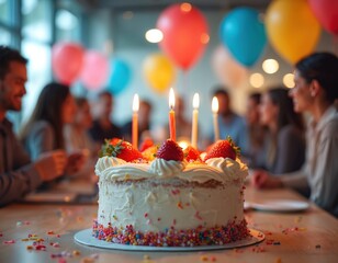 Office party celebration with birthday cake. Colleagues celebrate, joyful atmosphere. Delicious dessert, happy people, balloons. Birthday cake decorated with candles, strawberries, colorful sprinkles