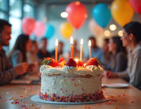Office party celebration with birthday cake. Colleagues celebrate, joyful atmosphere. Delicious dessert, happy people, balloons. Birthday cake decorated with candles, strawberries, colorful sprinkles