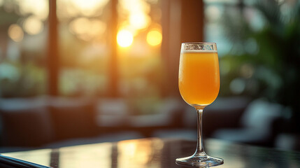 A sophisticated glass of mimosa, symbolizing elegance and celebration, perfect for upscale brunches or festive moments, reflecting modern luxury and refinement in a stylish setting.

