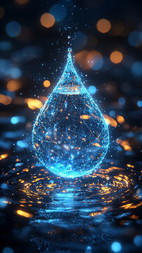 A glowing digital water droplet icon in white, gold, and silver tones, representing sustainable water resource management, AI-driven hydrology, and environmental monitoring in modern technology.

