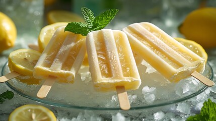 Close up of icy lemon popsicle frozen lemon slice crushed ice clear glass plate fresh mint garnish ultra detailed ice formation soft reflection bright airy setting high end food styling crisp