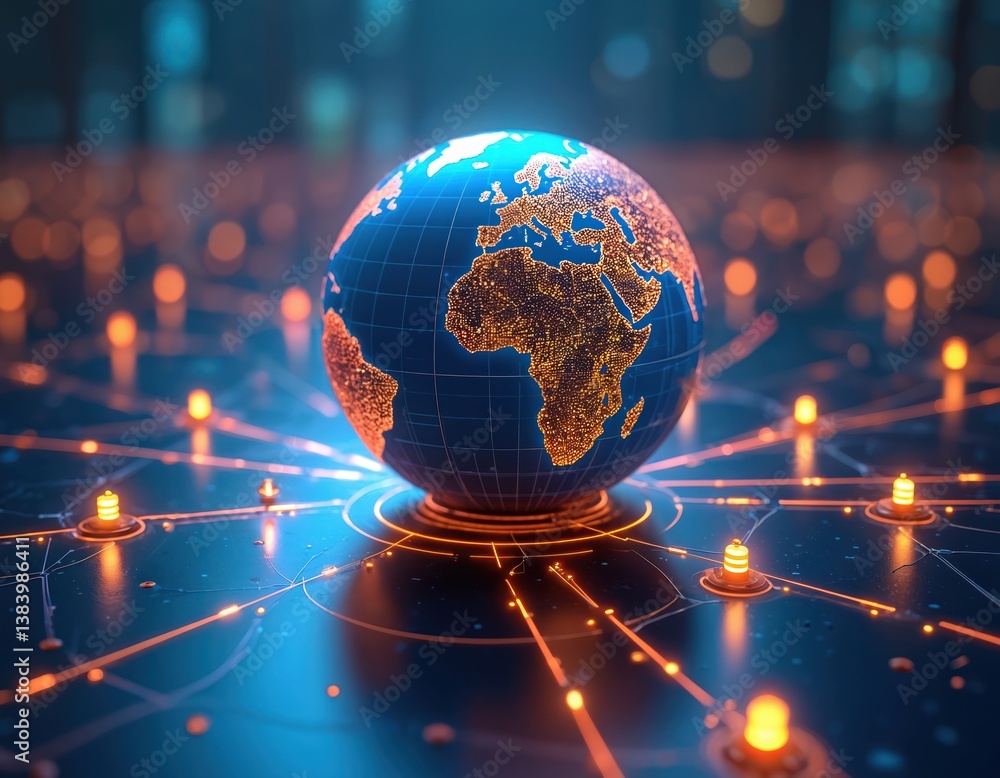 Poster Digital globe with glowing IP icons and global communication lines radiating outward. Symbolizes cyberspace server cloud infrastructure global connectivity worldwide digital tech networking.