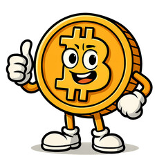 Happy cartoon Bitcoin coin character giving thumbs up with cheerful expression on transparent background
