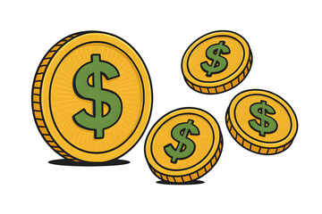 Cartoon-style golden coins with green dollar symbols and black outlines on transparent background
