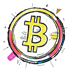 Colorful hand-drawn Bitcoin symbol with artistic sketch style and abstract multicolor circular background

