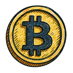 Hand-drawn Bitcoin cryptocurrency coin icon with yellow and black sketch style on transparent background
