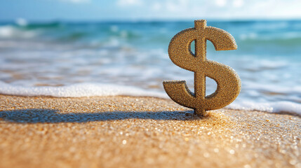 Naklejka premium The dollar symbol in pastel tones on a sandy beach represents financial success, wealth, business growth, and economic prosperity, with themes of money investment and holiday vacation planning.