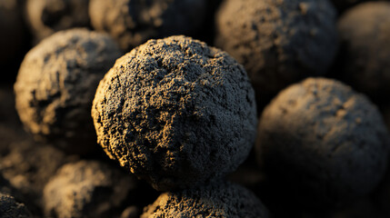 Close-up view of many dark, textured spheres