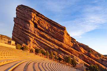 Warm morning sun hitting on the rocks at Red Rocks Park and Amphitheater in Denver, Colorado