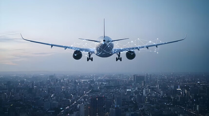 Pixelated Airplane Landing Over Illuminated Cityscape